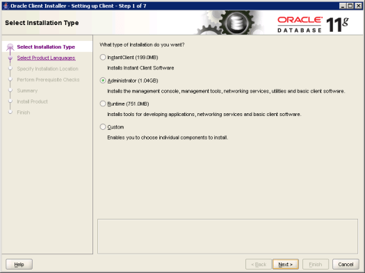 Oracle Client Installer - Setting up Client - Step 1 of 7